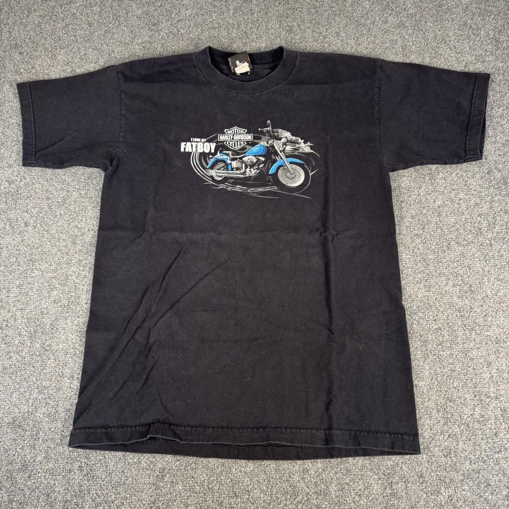Vintage Harley Davidson Fat Boy T shirt Motorcycle Black Size L Y2K